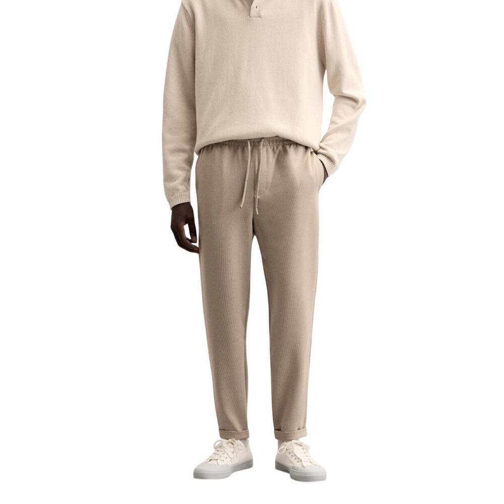 Zara Tan Textured Clean Mock Fly Front Elastic Waistband Jogger Pants Size 32
